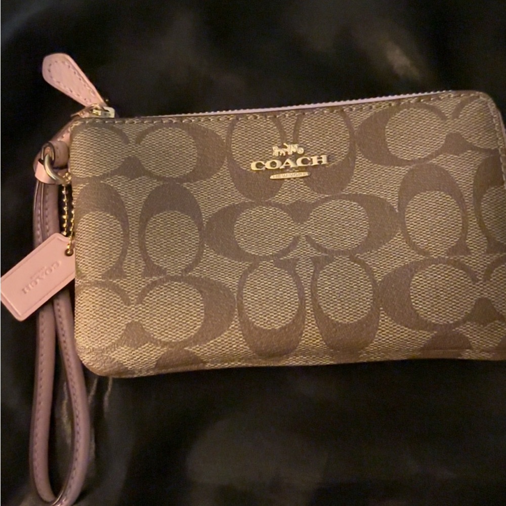 Coach Tan and Pink double zipper Signature Wristlet